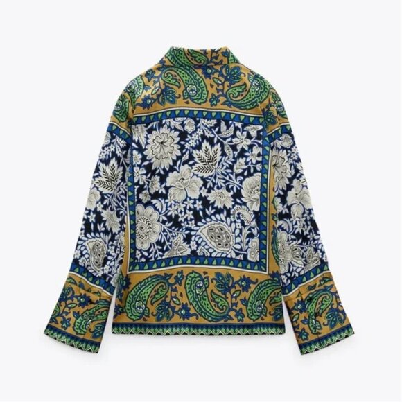 Zara Multicolor Paisley Print Green Tan Blue Flowy Blouse Women’s Size M - Picture 13 of 13
